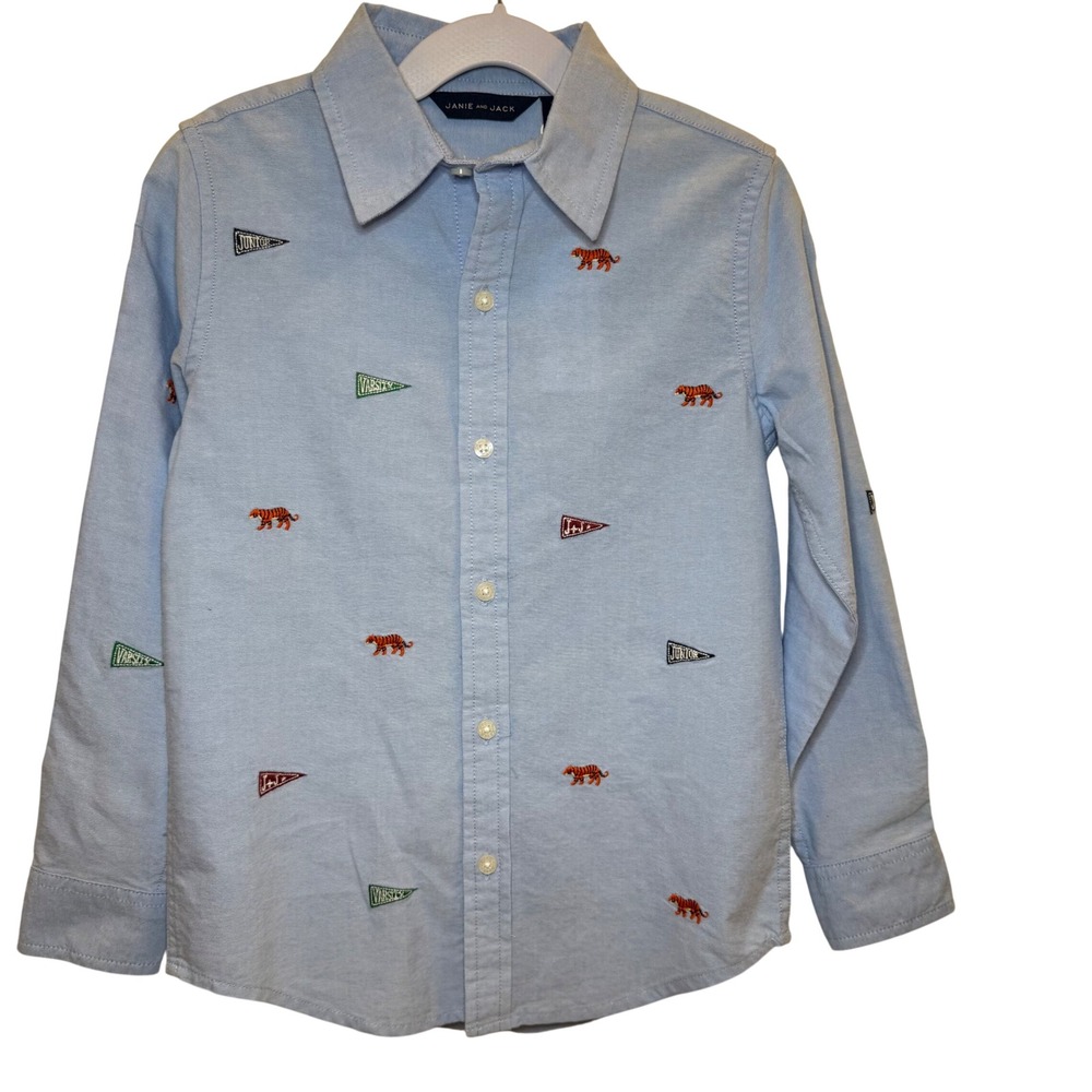 Janie and Jack Tiger Pennant Oxford Shirt Kids Size5 Blue New Varsity Embroidery